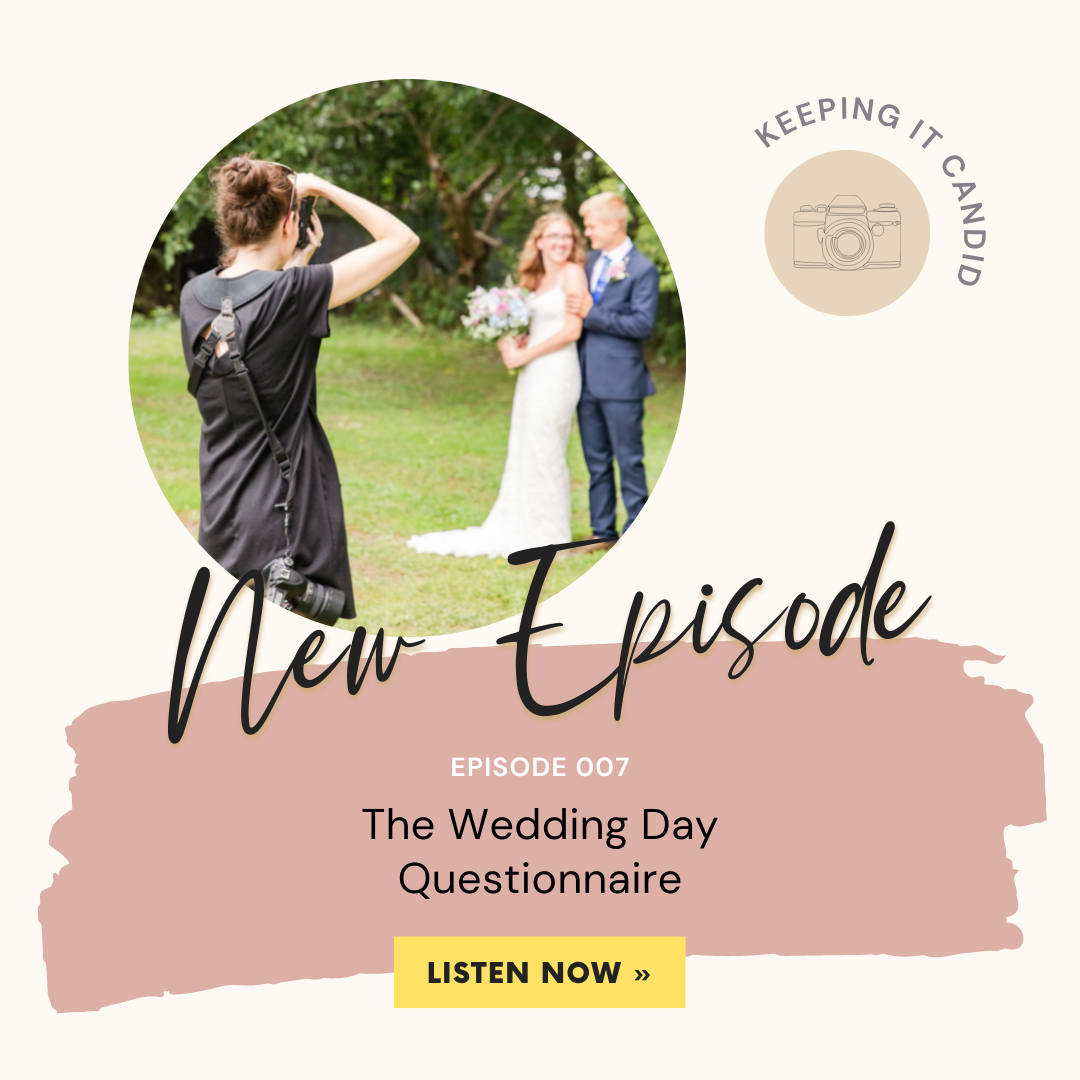 graphic for episode 7 of keeping it candid: wedding photography unfiltered with sandra henderson about the wedding day questionnaire