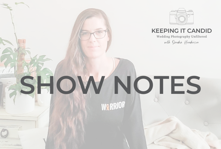 sandra, a woman with endometriosis, is wearing a shirt with the word "warrior" and a yellow ribbon on it. over the photo, grey text reads "show notes" as it's the header image for the show notes of this episode of Keeping It Candid.