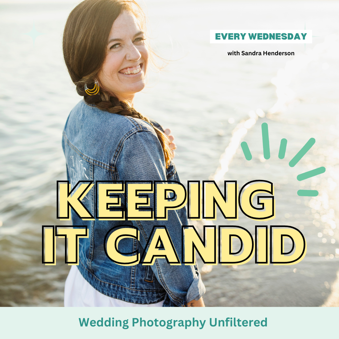 The image features a woman with long brown hair styled in a braid, smiling and looking over her shoulder. She is wearing a denim jacket and standing near the water, with soft sunlight illuminating her. The text overlay reads "KEEPING IT CANDID" in bold yellow letters, with the subtitle "Wedding Photography Unfiltered" below in smaller text. The top of the image includes the text "EVERY WEDNESDAY with Sandra Henderson." The overall tone is bright, cheerful, and inviting. Your 2025 Wedding Business Glow-Up Starts Now.