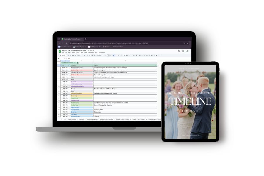 a mockup of a laptop and an ipad displaying the wedding photography timeline template