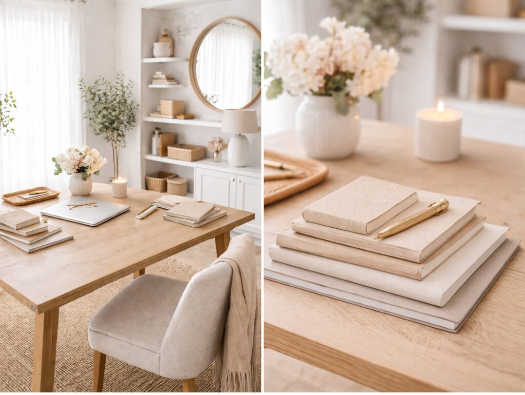 Bright, minimal home office with a styled desk and shelves, reflecting a sustainable inquiry workflow environment. Neutral notebooks and pen on a desk, symbolizing planning and capacity-first inquiry workflows.