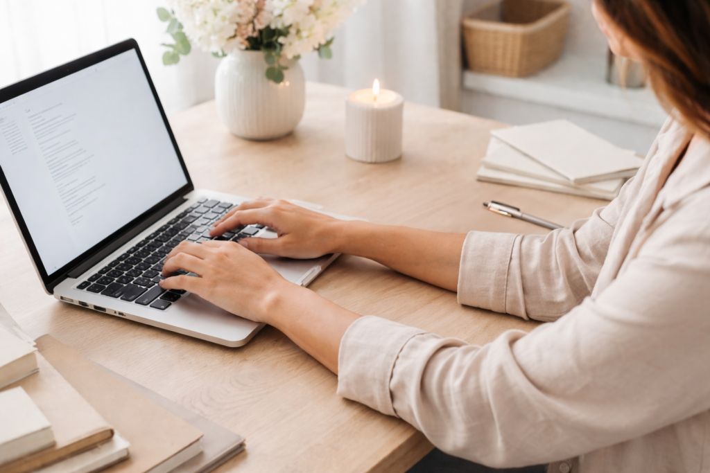 Over-the-shoulder view of a woman typing on a laptop, showing real-life inquiry workflow management.