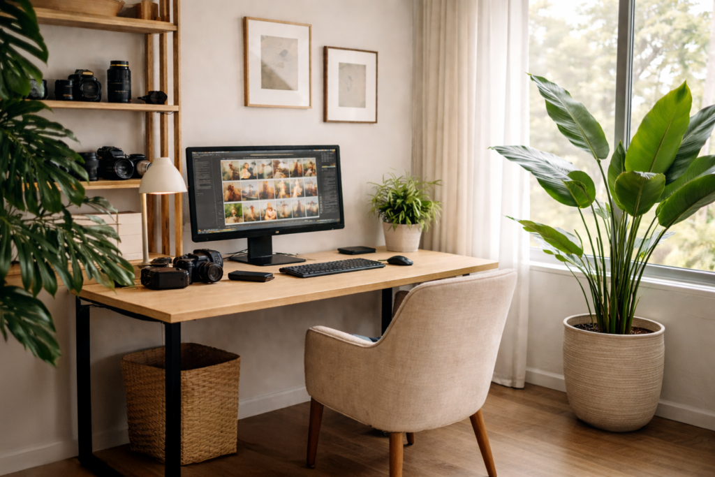 Organized home office setup for managing a wedding inquiry email process, with editing desk, camera gear, and natural light