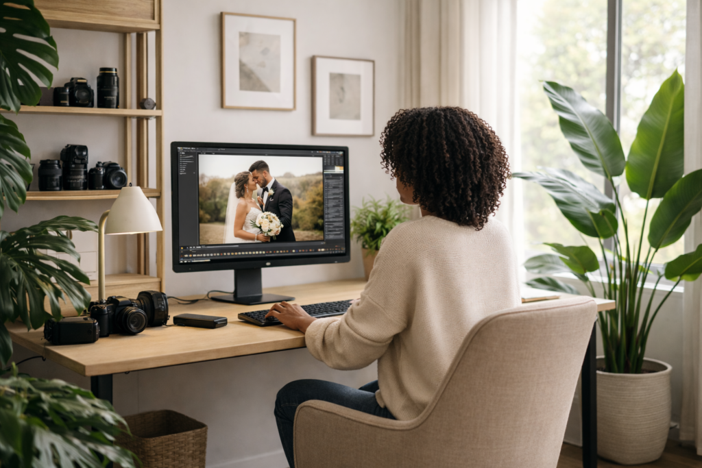 Black wedding photographer reviewing client images at her desk as part of a streamlined wedding inquiry email workflow
