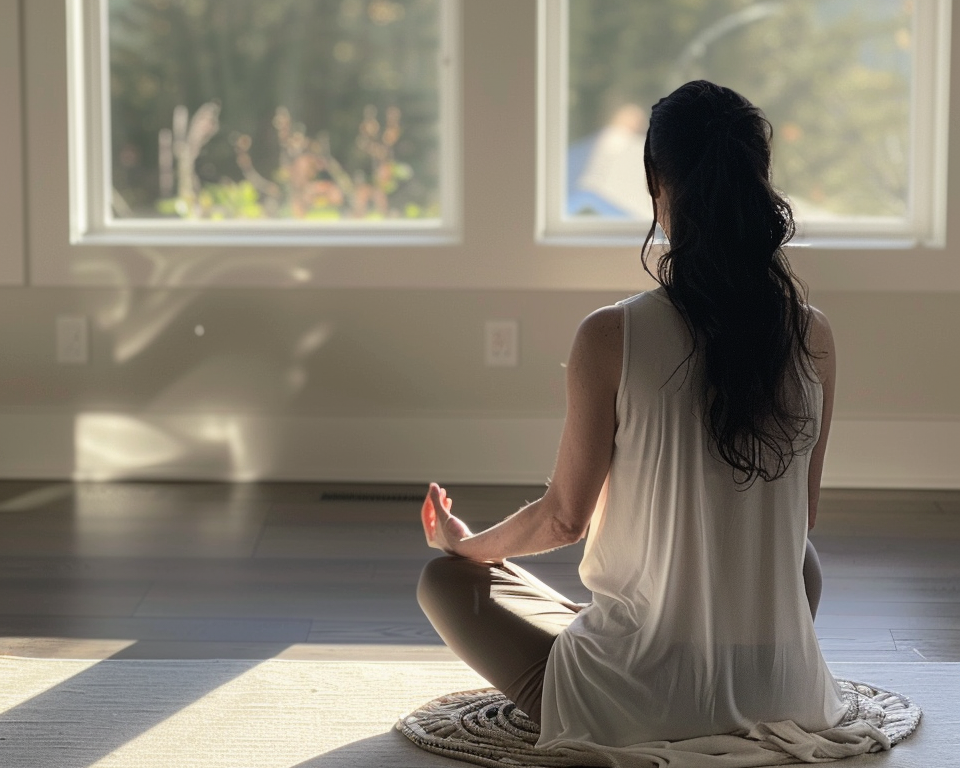 A Woman is meditating as she practices photographer self care.