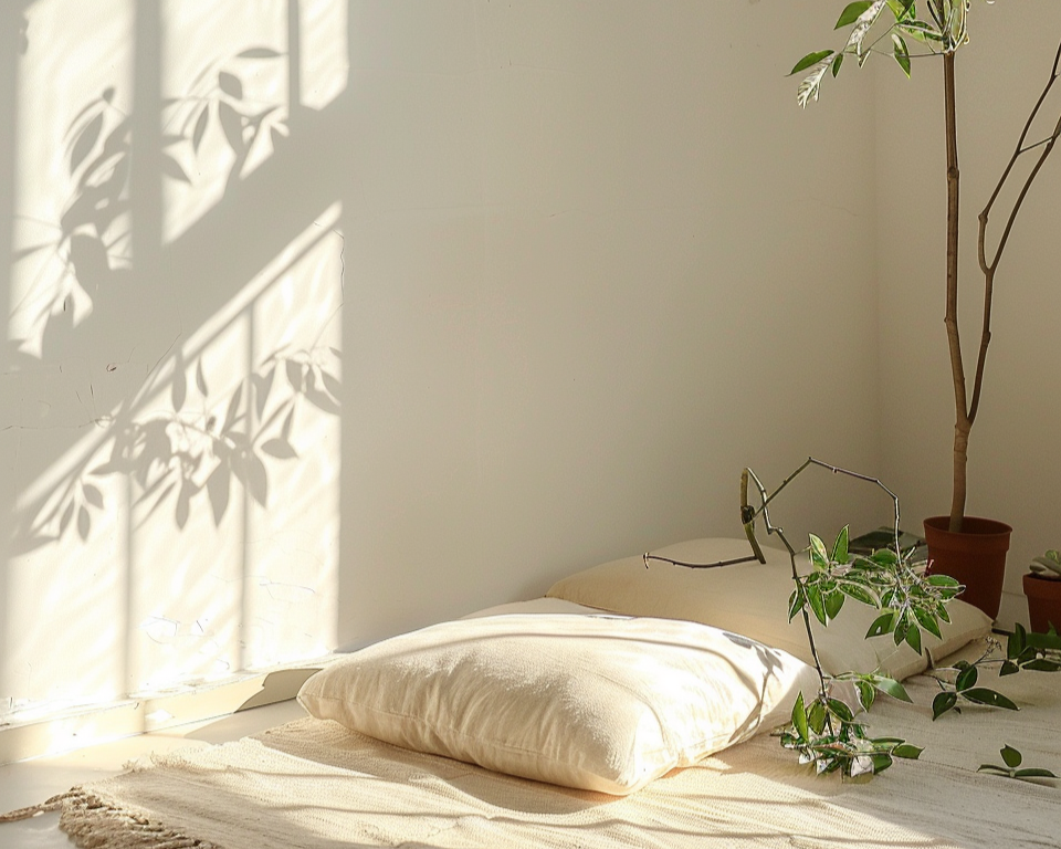 A pillow and blanket sit on the floor, sun cascades across through a window out of frame.