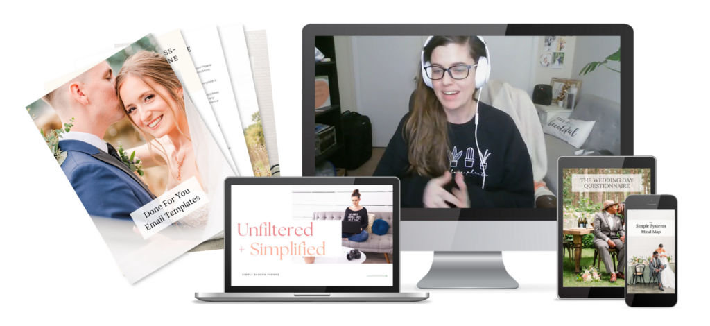 images of the templates included in a wedding photography systems boot camp called unfiltered and simplified